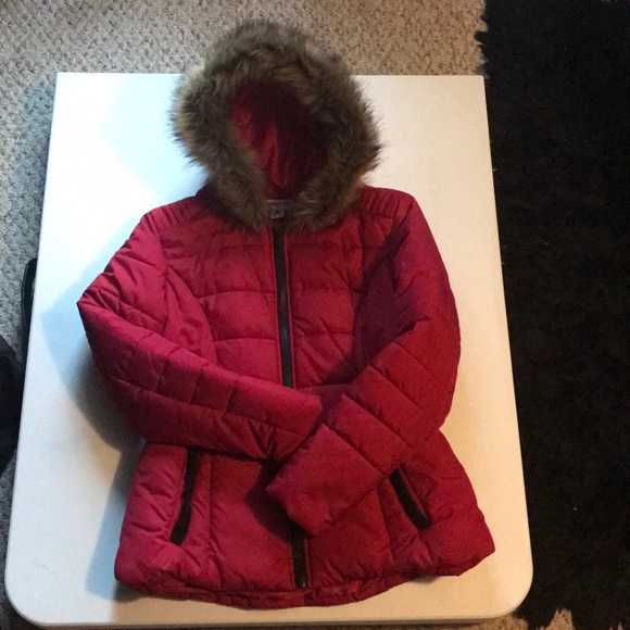 pink winter coat with fur hood